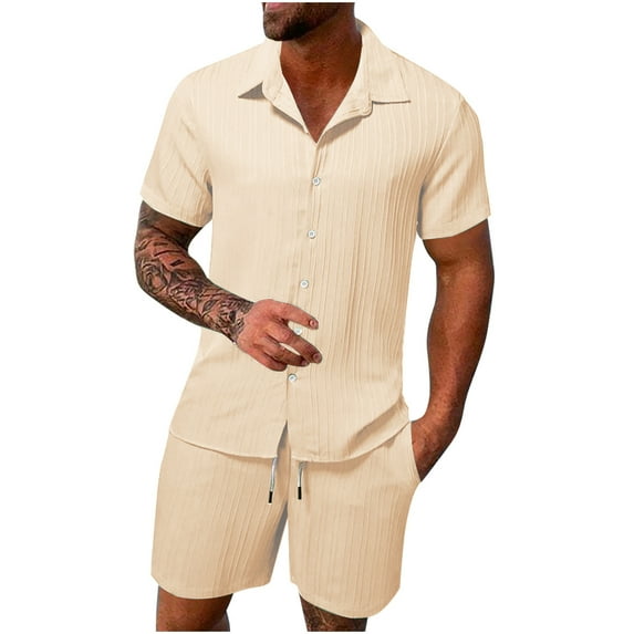 Cxenplz Deals of Today Men's Cotton Linen Sets Short Sleeve Pleats Suits Casual Lightweight 2 Piece Button Down Shirt and Shorts Beach Outfits