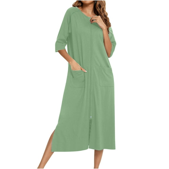 Abomasnow Women's 3/4 Sleeve Zip Front Nightgowns Full Length Cotton Robes Casual Loose Fit Housecoat Loungewear with Pockets