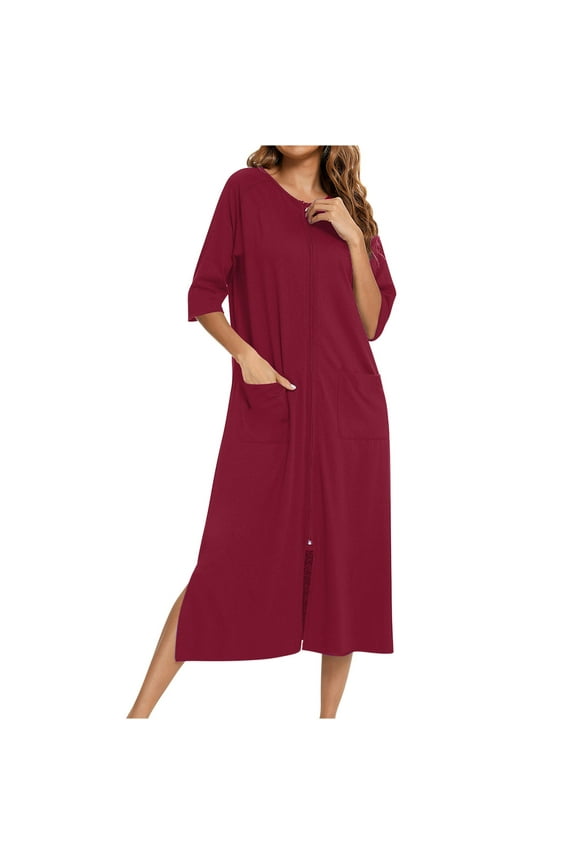 Women's 3/4 Sleeve Zip Front Nightgowns Full Length Cotton Robes Casual Loose Fit Housecoat Loungewear with Pockets