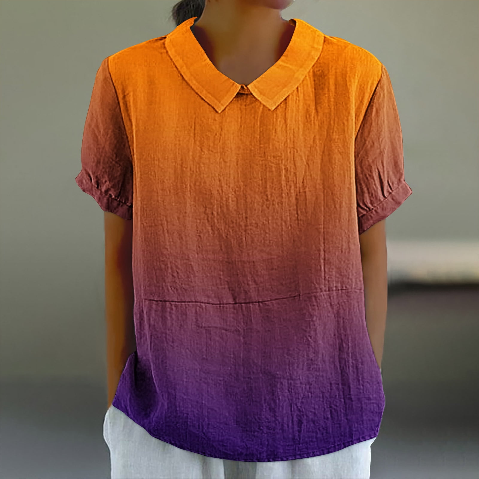 Womens Solid Color Loose Button Doll Collar Cotton Linen Top main image 0
