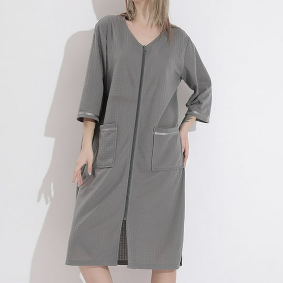 Abomasnow Women's Short Sleeve Zip Front Knit Nightgowns Full Length Cotton Robes Casual Loose Fit Housecoat Loungewear with Pockets