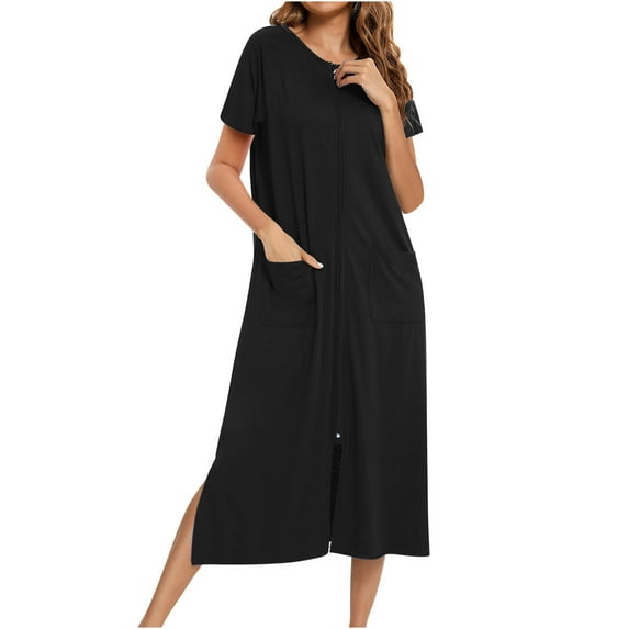 Abomasnow Women's Short Sleeve Zip Front Nightgowns Full Length Cotton Robes Casual Loose Fit Housecoat Loungewear with Pockets