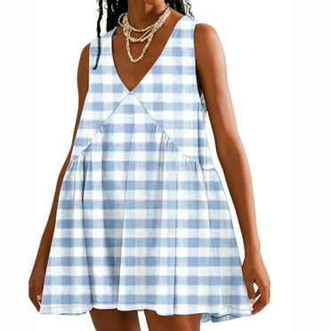 Abomasnow Deals of Today Women's Summer Sleeveless Mini Babydoll Dress Casual Loose V Neck Sundress Stripe Pleated Flowy Beach Dress with Pockets