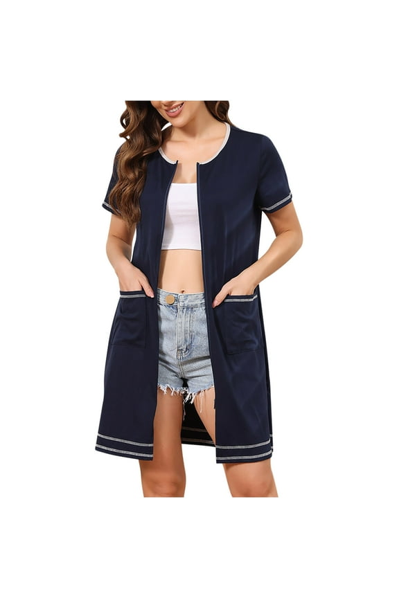 Women's Zipper Front House Coat Short Sleeves Robe Zip up Cotton Bathrobes Casual Loose Fit Short Nightgown with Pockets