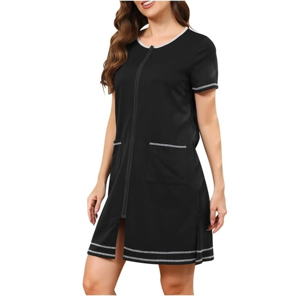 Cxenplz Women's Zipper Front House Coat Short Sleeves Robe Zip up Cotton Bathrobes Casual Loose Fit Short Nightgown with Pockets