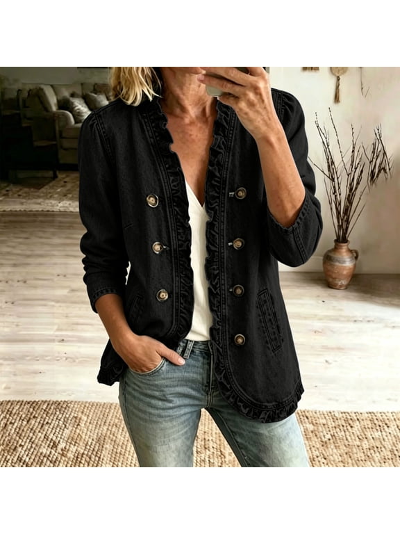 Denim Jacket for Women Ruffle Trim Long Sleeve Button Down Vintage Western Jean Coat V Neck Casual Fall Outerwear