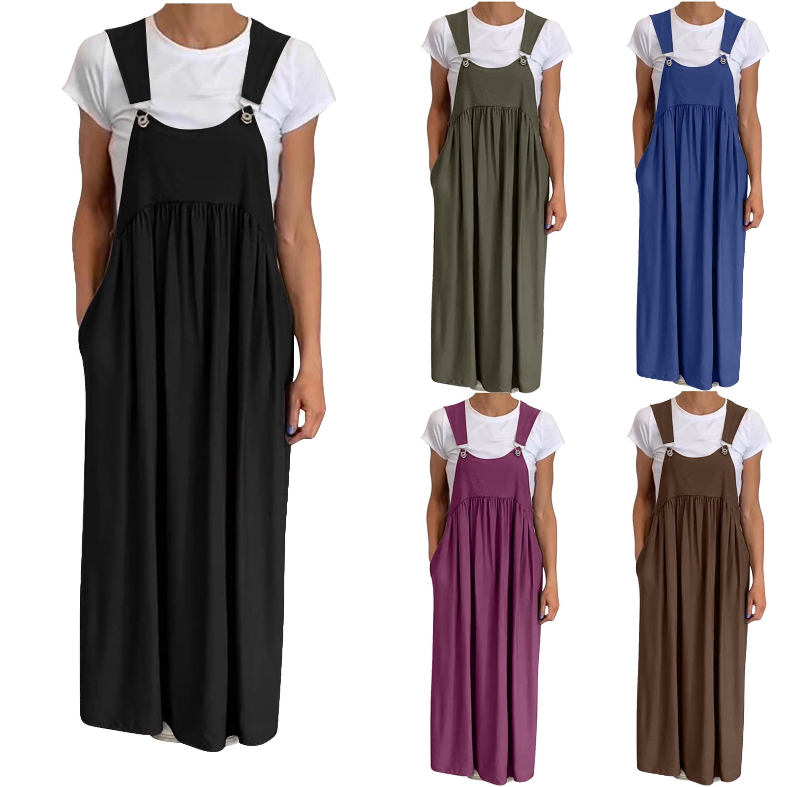 Abomasnow Denim Jumper Dress for Women Loose Fit Adjustable Wide Straps  A-Line Baggy Maxi Dress S-5XL