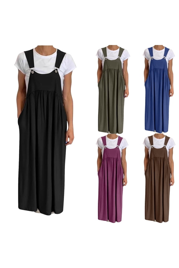 Denim Jumper Dress for Women Loose Fit Adjustable Wide Straps A-Line Baggy Maxi Dress S-5XL