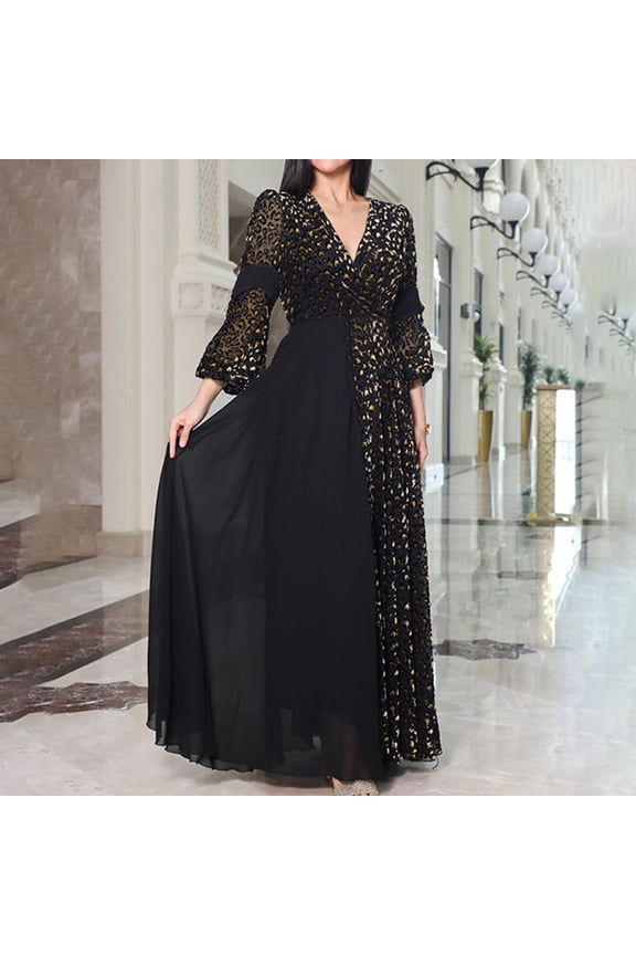 Dresses for Women 2025 Flowy Elegant Fall and Winter Fashion Maxi Dress Print Dress Trendy Puff Long Sleeve V Neck Wedding Guest Cocktail Party Long Dress