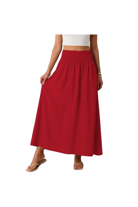 Eyelet Embroidered Skirts for women Elastic Waisted Maxi Skirts A Line Flowy Long Skirt S-2XL