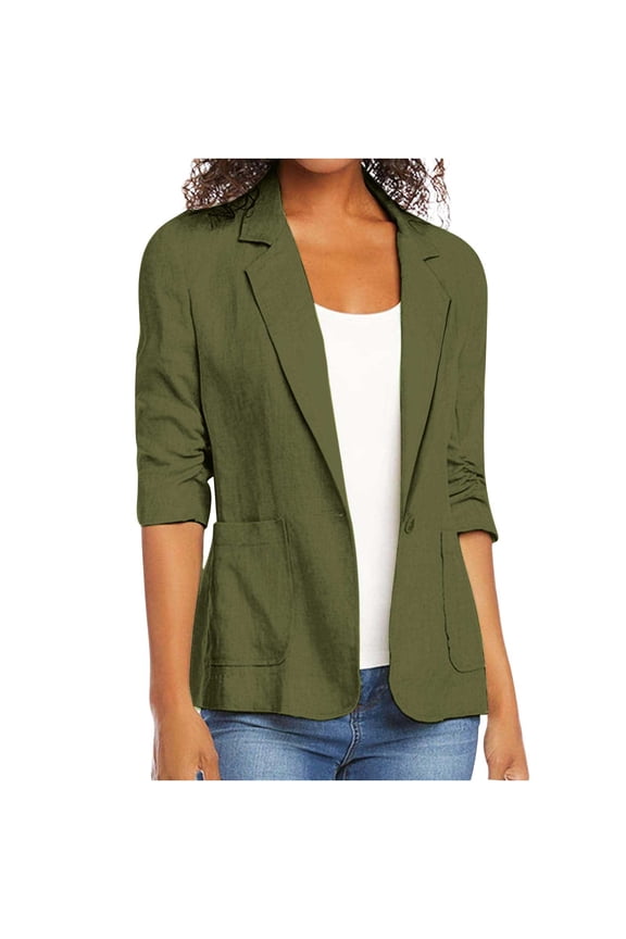 Fall Linen Blazer Women Lightweight 3/4 Stretchy Ruched Sleeve Fully-Lined Casual Work Jacket with Pockets