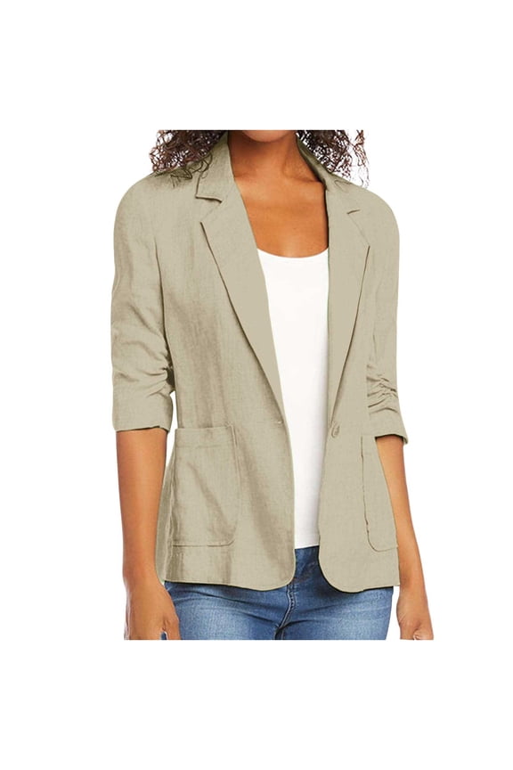 Fall Linen Blazer Women Lightweight 3/4 Stretchy Ruched Sleeve Fully-Lined Casual Work Jacket with Pockets