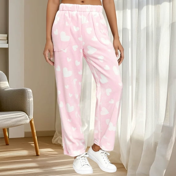 Abomasnow Flannel Pajama Pants for Women Soft Wide Leg Fuzzy Pj Pants Winter Heart Print Warm Fleece Pjs Bottom Sweatpants