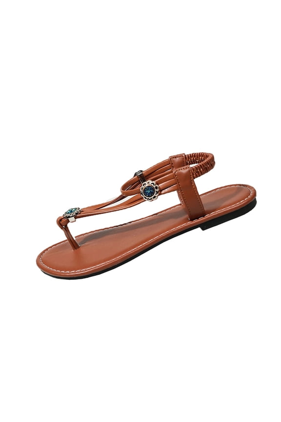 Flat Sandals for Women 2026 Summer Comfortable Elastic Ankle Strap Flats Shoes T-strap Bohemian Beaded Beach Sandal