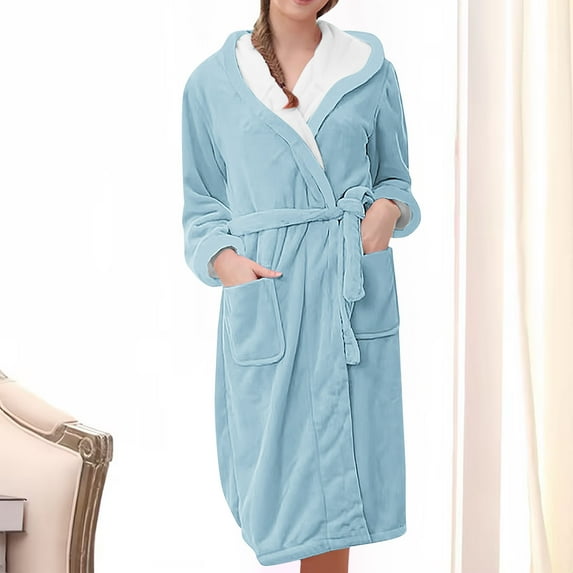 Abomasnow Fleece Robes for Women, Casual Winter Plush Warm Hooded Bathrobe Soft Spa Long Robe Luxury Thick Nightgown with Pockets