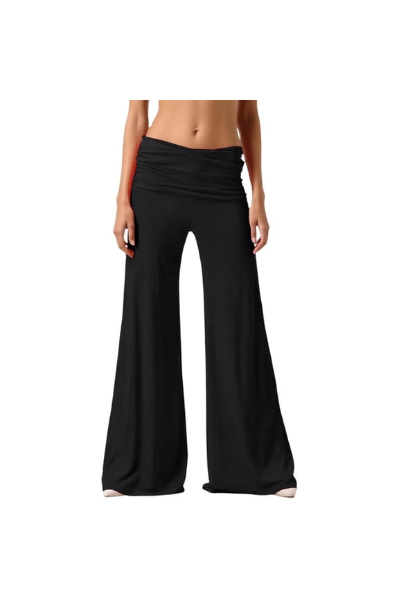 Fold Over Yoga Pants for Women Wide Leg Ruched High Waist Flare Lounge Pant Loose Fit Solid Fold Over Bell Bottoms