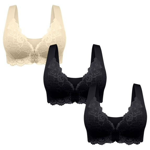 Abomasnow Front Closure Bras for Women, Cami Lace Comfort Wireless Everyday Bras Plus Size Full Coverage Soft Sleep T-Shirt Bras Bra of 3 Packs