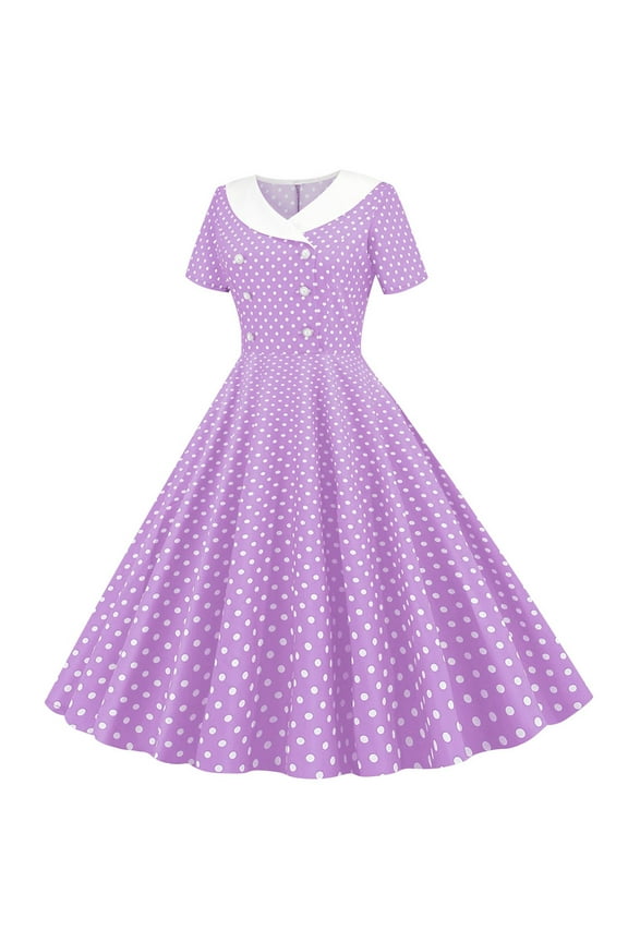 Girls Double Breasted Notch Lapel 50s Vintage Short Sleeve Cocktail Swing Dress Polka Dot 1950s Rockabilly Prom Midi Dress 5-14 Years