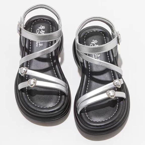Abomasnow Girls Open Toe Floral Rhinestone Ankle Buckle Sandals Soft Flat Summer Shoes for Wedding Party Daily Beach Outdoor Walking