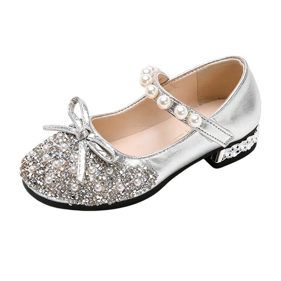 Abomasnow Girls PU Glitter Rhinestone Pearl Bow Hook and Loop Low Heel Party Dress Shoes
