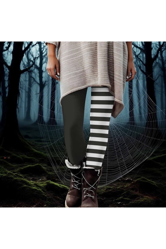 Halloween Leggings for Women Casual Striped Print Stretchy Yoga Pants Tummy Control High Waisted Workout Leggings