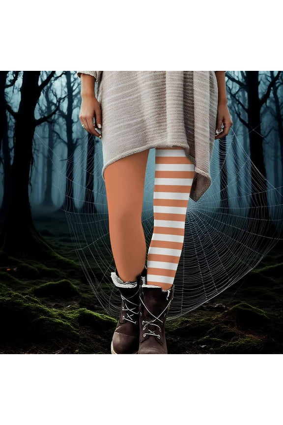 Halloween Leggings for Women Casual Striped Print Stretchy Yoga Pants Tummy Control High Waisted Workout Leggings