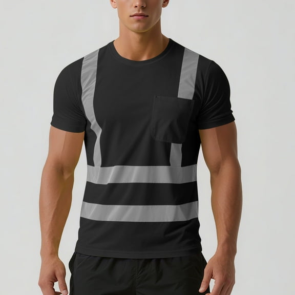 Abomasnow High Visibility Safety T Shirts Short Sleeve Class 2 Hi Vis Reflective Construction Work Shirts with Reflective Strips and Front Pocket Black, XL