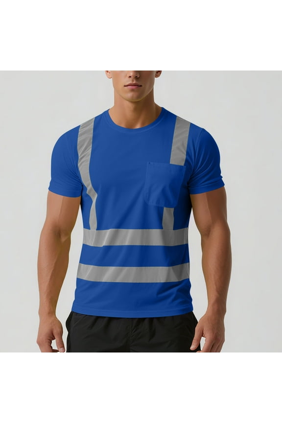 High Visibility Safety T Shirts Short Sleeve Class 2 Hi Vis Reflective Construction Work Shirts with Reflective Strips and Front Pocket Blue, XXL