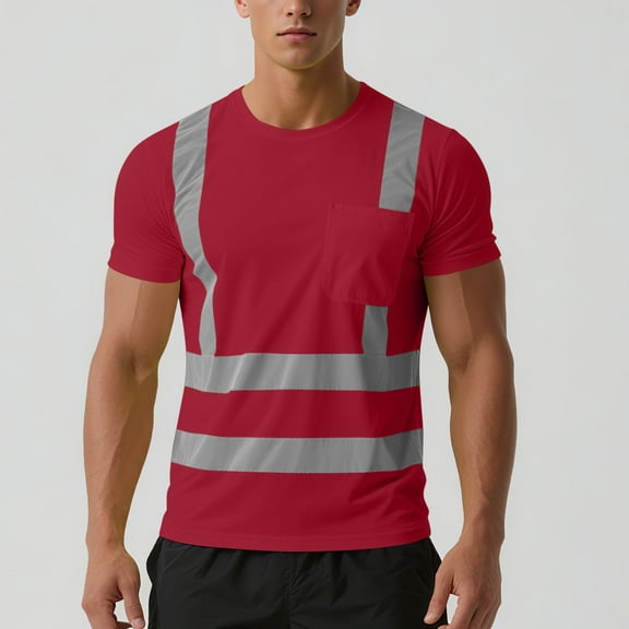 Abomasnow High Visibility Safety T Shirts Short Sleeve Class 2 Hi Vis Reflective Construction Work Shirts with Reflective Strips and Front Pocket Red, M