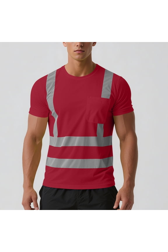 High Visibility Safety T Shirts Short Sleeve Class 2 Hi Vis Reflective Construction Work Shirts with Reflective Strips and Front Pocket Red, M