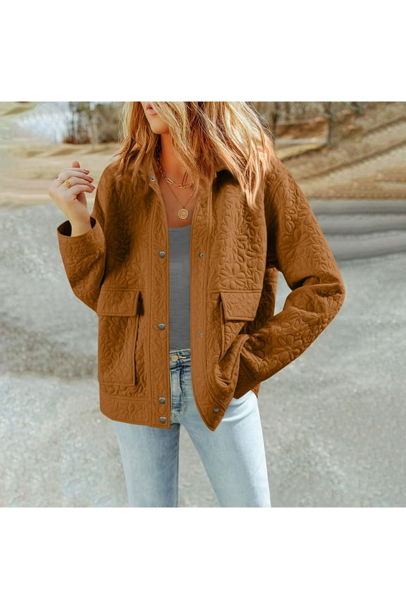 Jackets for Women Casual Long Sleeve Collared Jacquard Coats Trendy Button Down Shacket Jacket with Pockets