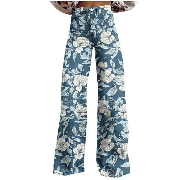 Abomasnow Jeans for Women Vintage Boho Floral Print Wesh Jeans Casual High Waist Wide Leg Baggy Denim Pants S-5XL