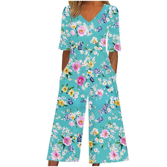 Abomasnow Jumpsuits for Women Casual Boho Floral Print Half Sleeve One Piece Outfits V Neck Wide Leg Rompers Pants
