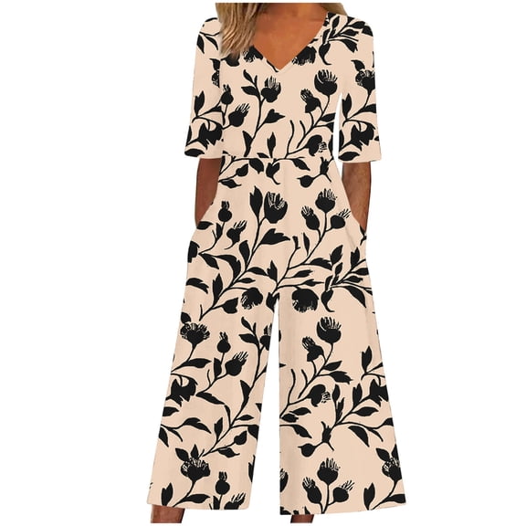 Abomasnow Jumpsuits for Women Casual Boho Floral Print Half Sleeve One Piece Outfits V Neck Wide Leg Rompers Pants