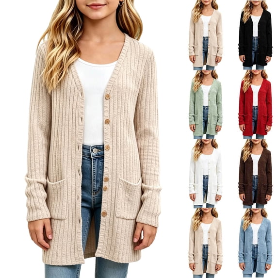 Abomasnow Kids Girls Cardigans Button Down Open Front Long Sleeve V-Neck Lightweight Long Cardigans Casual Comfort Fall Warm Winter Sweater Jackets with Pockets 5-16 Years