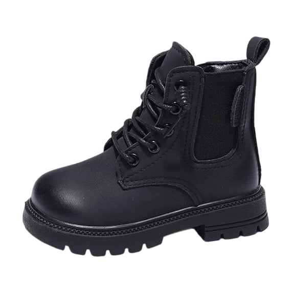 Abomasnow Kids PU Lace Up Ankle Boots Elastic Side Panels Round Toe Thick Outsole Heel Pull Tab Versatile Short Boots for Boys Girls Playground Activities And Cool Season Daily Outfits
