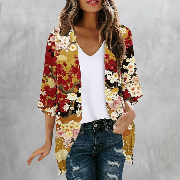 Abomasnow Kimono Cardigans for Women Spring Summer Shrugs Boho Floral Print 3/4 Sleeve Tropical Outfits Vacation Beach Cover Ups for Women