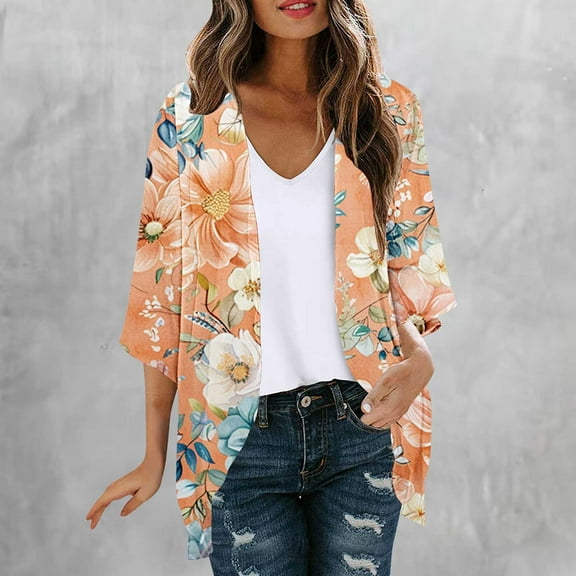 Abomasnow Lightweight Cardigan for Women Summer 3/4 Sleeve Chiffon Kimono Shrug Cardigans Blouses Beach Cover Ups Boho Floral Open Front Tops