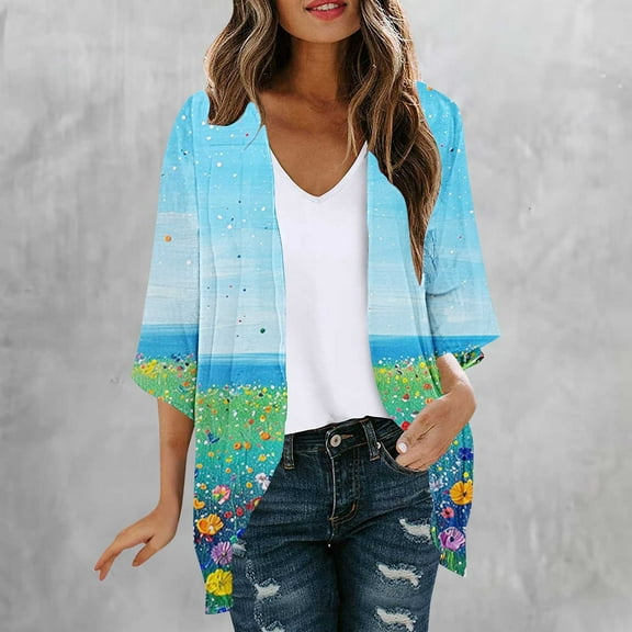 Abomasnow Lightweight Cardigan for Women Summer 3/4 Sleeve Chiffon Kimono Shrug Cardigans Blouses Beach Cover Ups Boho Floral Open Front Tops
