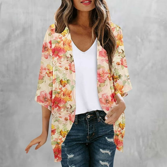 Abomasnow Lightweight Cardigan for Women Summer 3/4 Sleeve Chiffon Kimono Shrug Cardigans Blouses Beach Cover Ups Boho Floral Open Front Tops