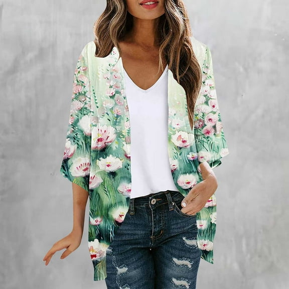 Abomasnow Lightweight Cardigan for Women Summer 3/4 Sleeve Chiffon Kimono Shrug Cardigans Blouses Beach Cover Ups Boho Floral Open Front Tops