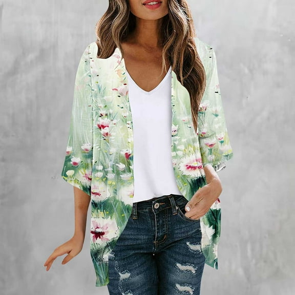 Abomasnow Lightweight Cardigan for Women Summer 3/4 Sleeve Chiffon Kimono Shrug Cardigans Blouses Beach Cover Ups Boho Floral Open Front Tops