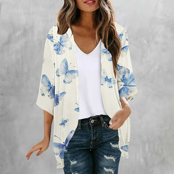 Abomasnow Lightweight Cardigan for Women Summer 3/4 Sleeve Chiffon Kimono Shrug Cardigans Blouses Beach Cover Ups Boho Floral Open Front Tops