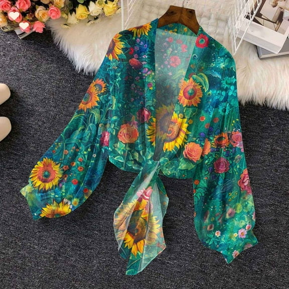 Abomasnow Lightweight Cardigans for Women Boho Floral Chiffon Open Front Cropped Tops Lantern Long Sleeve Bow Sheer Cardigan Shirts on Clearance