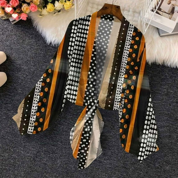 Abomasnow Lightweight Cardigans for Women Boho Floral Chiffon Open Front Cropped Tops Lantern Long Sleeve Bow Sheer Cardigan Shirts on Clearance