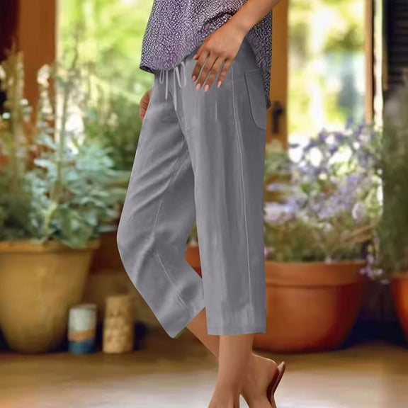 Abomasnow Linen Capri Pants for Women Drawstring Wide Leg Trousers Comfy Elastic Waist Knee Length Pants with Back Pockets