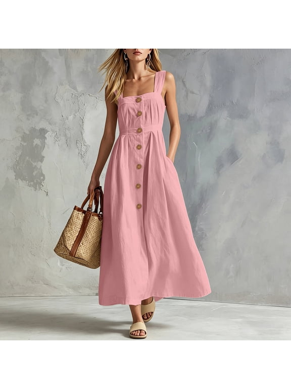 Linen Dresses for Women Adjustable Strap Button Front Maxi Dress Sleeveless A Line Flowy Long Dress