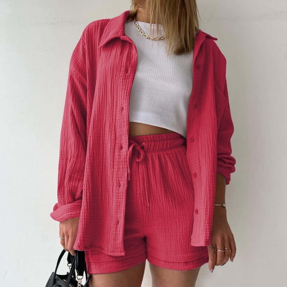 Abomasnow Linen Sets for Women 2 Piece Long Sleeve Button Down Lapel Shirts and Drawstring Elasitc Waist Bermuda Shorts Outfits