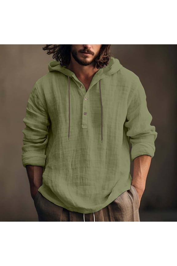 Linen Shirts for Men Long Sleeve Tshirts Hoodie Cotton Linen Henley Shirt Top Casual Lightweight Sweatshirt Pullover Beach Hippie Tops with Hood