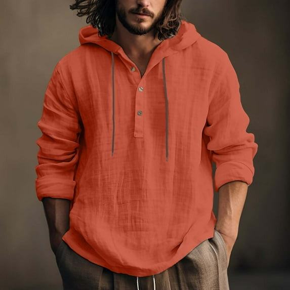 Cxenplz Linen Shirts for Men Long Sleeve Tshirts Hoodie Cotton Linen Henley Shirt Top Casual Lightweight Sweatshirt Pullover Beach Hippie Tops with Hood